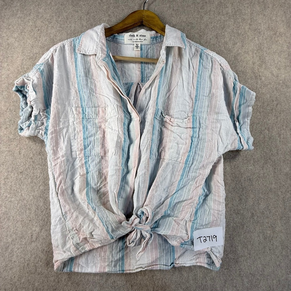 Cloth & Stone Anthropologie Striped Front Tie Button Down Shirt Blue Pink Small